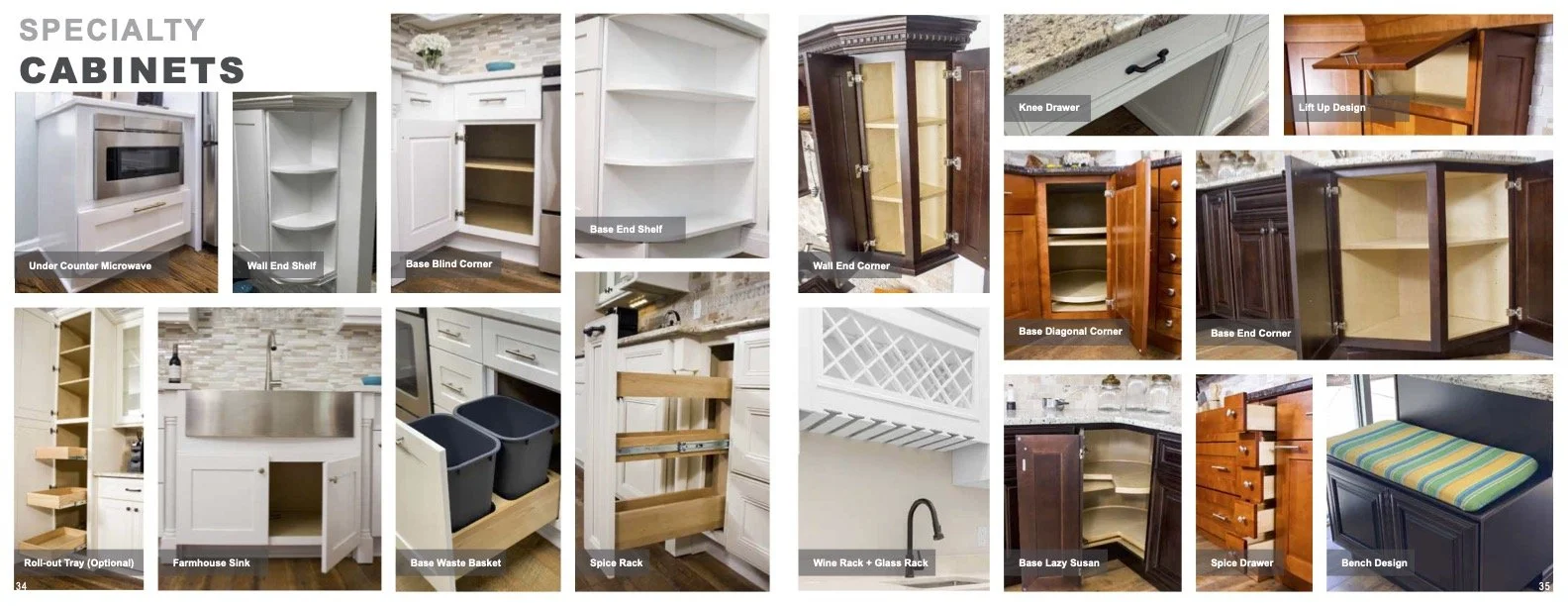 A collage of various kitchen and bathroom cabinet designs, including microwave under counter, wall and base shelves, corner cabinets, wine racks, spice racks, benches, and optional roll-out trays, with labels.
