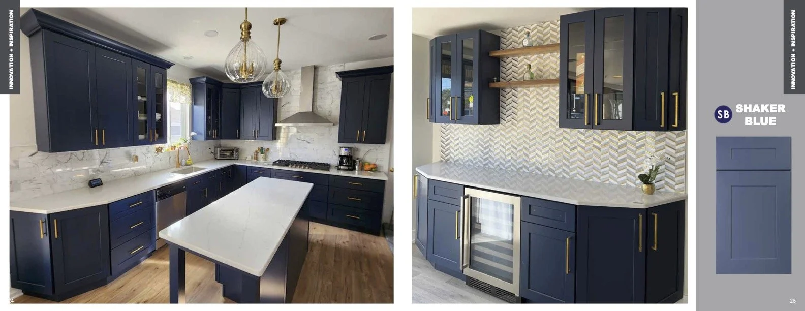 Side-by-side images of kitchens with dark blue shaker-style cabinets, white countertops, and gold hardware. The left kitchen includes upper and lower cabinets, a window, and a small island; the right kitchen has upper glass-front cabinets, a herringb