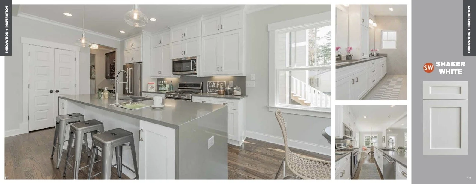 Modern kitchen with white cabinets, stainless steel appliances, a large island with bar stools, and hardwood floors.