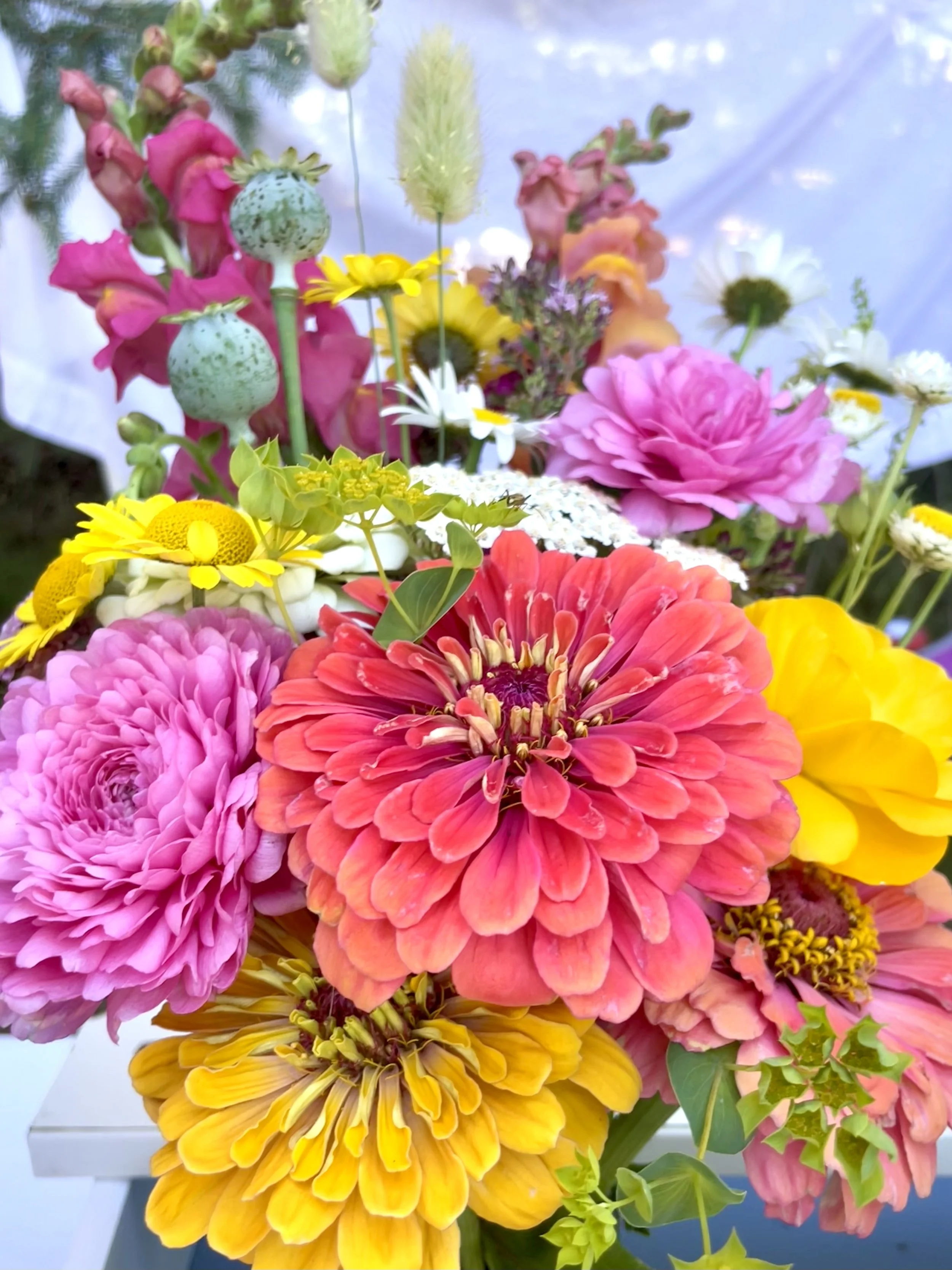 A colorful bouquet of various flowers including pink, yellow, orange, and white blooms with different petal shapes and sizes, set against a light, partly cloudy sky background.