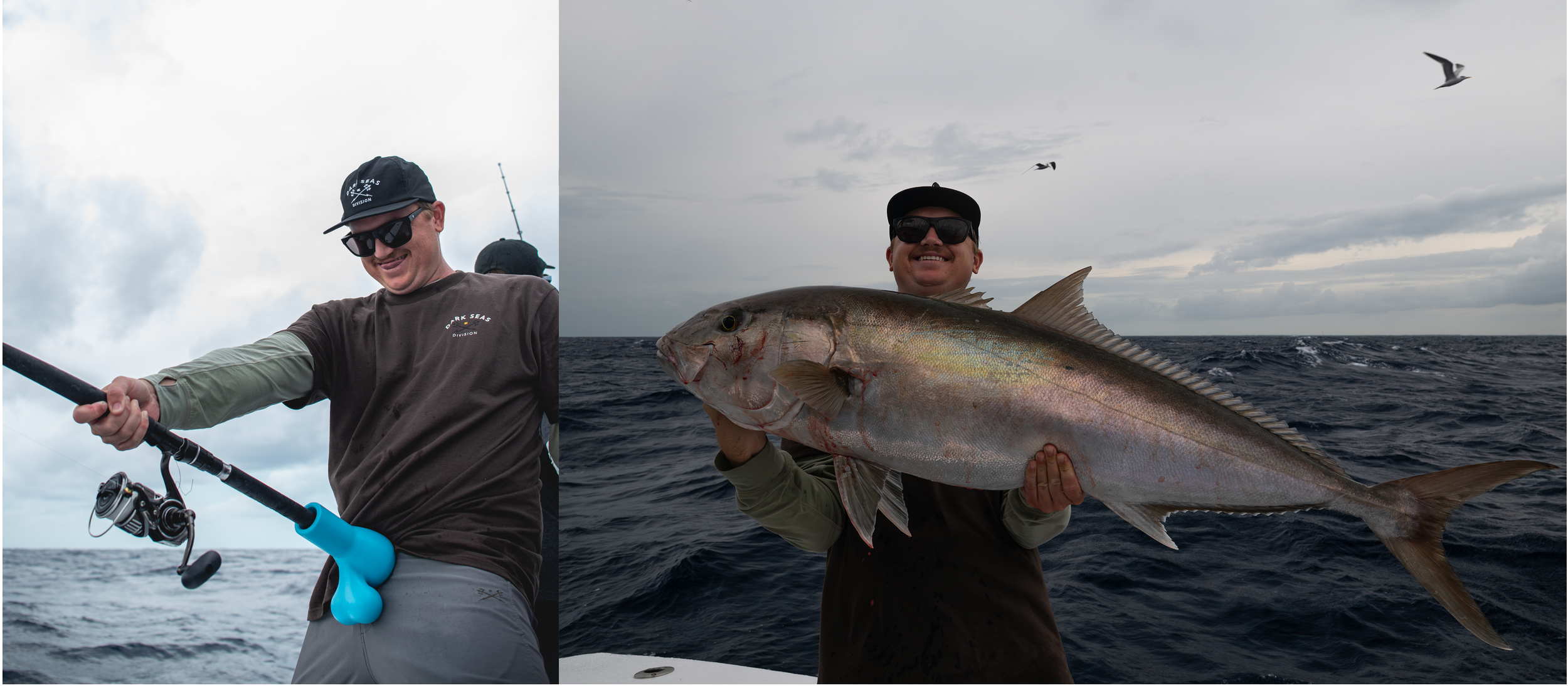 A man smiling and fishing on the left side and a man holding a large fish on the right side in the ocean under cloudy sky.
