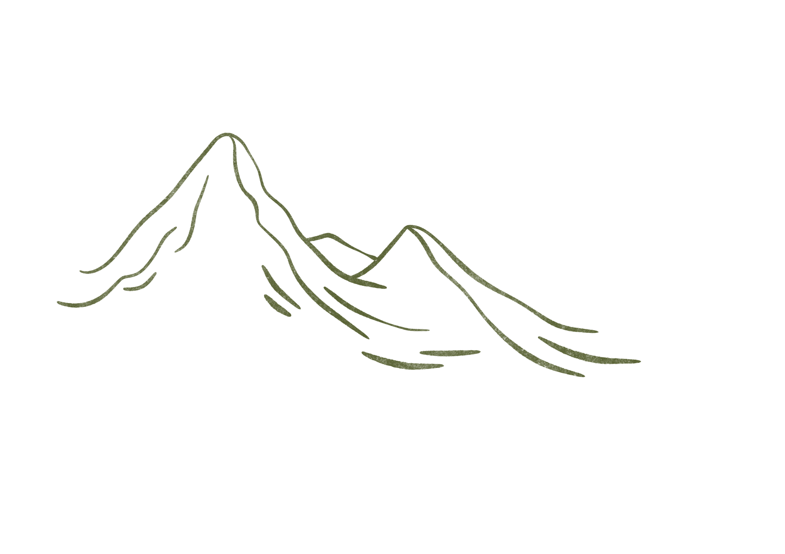 Minimalist line drawing of a mountain range with a large central peak and smaller surrounding peaks, in a dark olive green color on a black background.