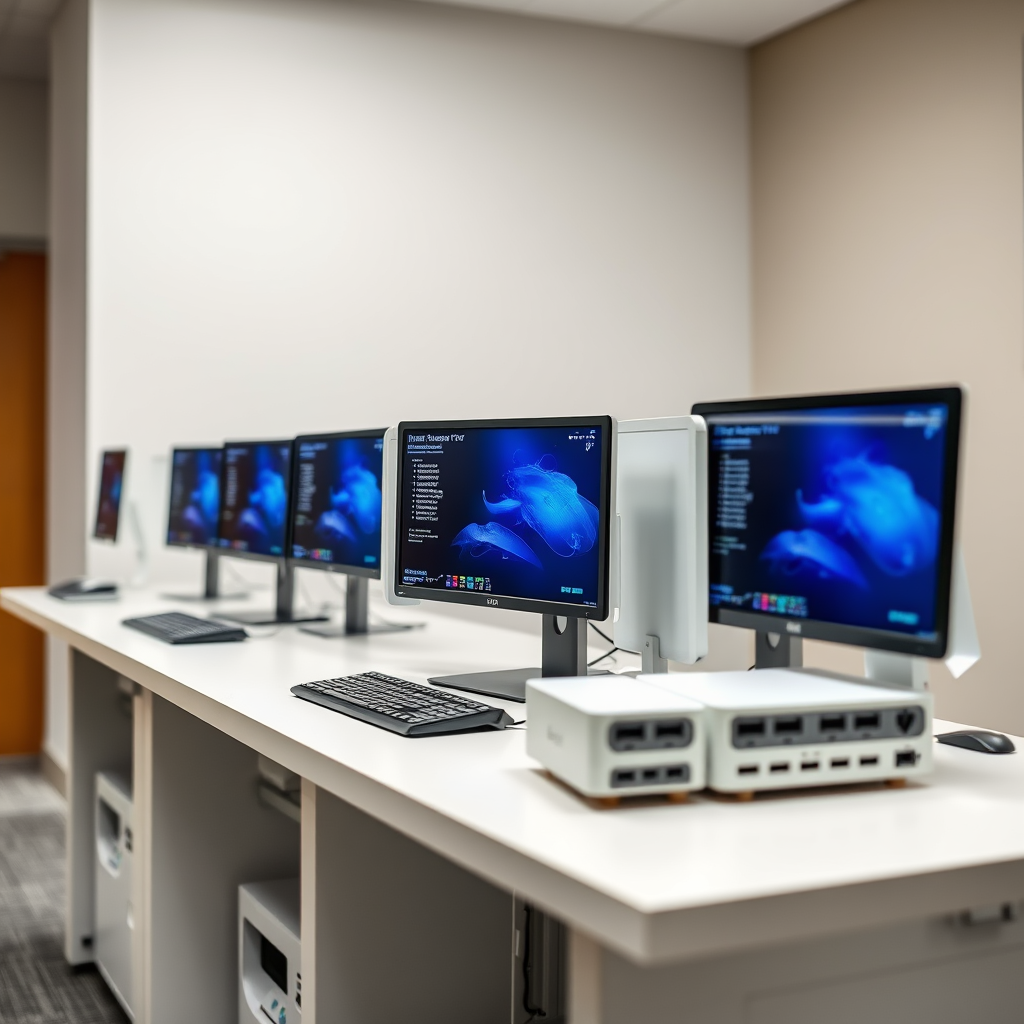 Modular NUC PCs and minicomputers arranged neatly, showcasing LIS, EMR, and digital pathology solutions