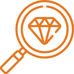 Orange magnifying glass with a diamond inside it on a black background.