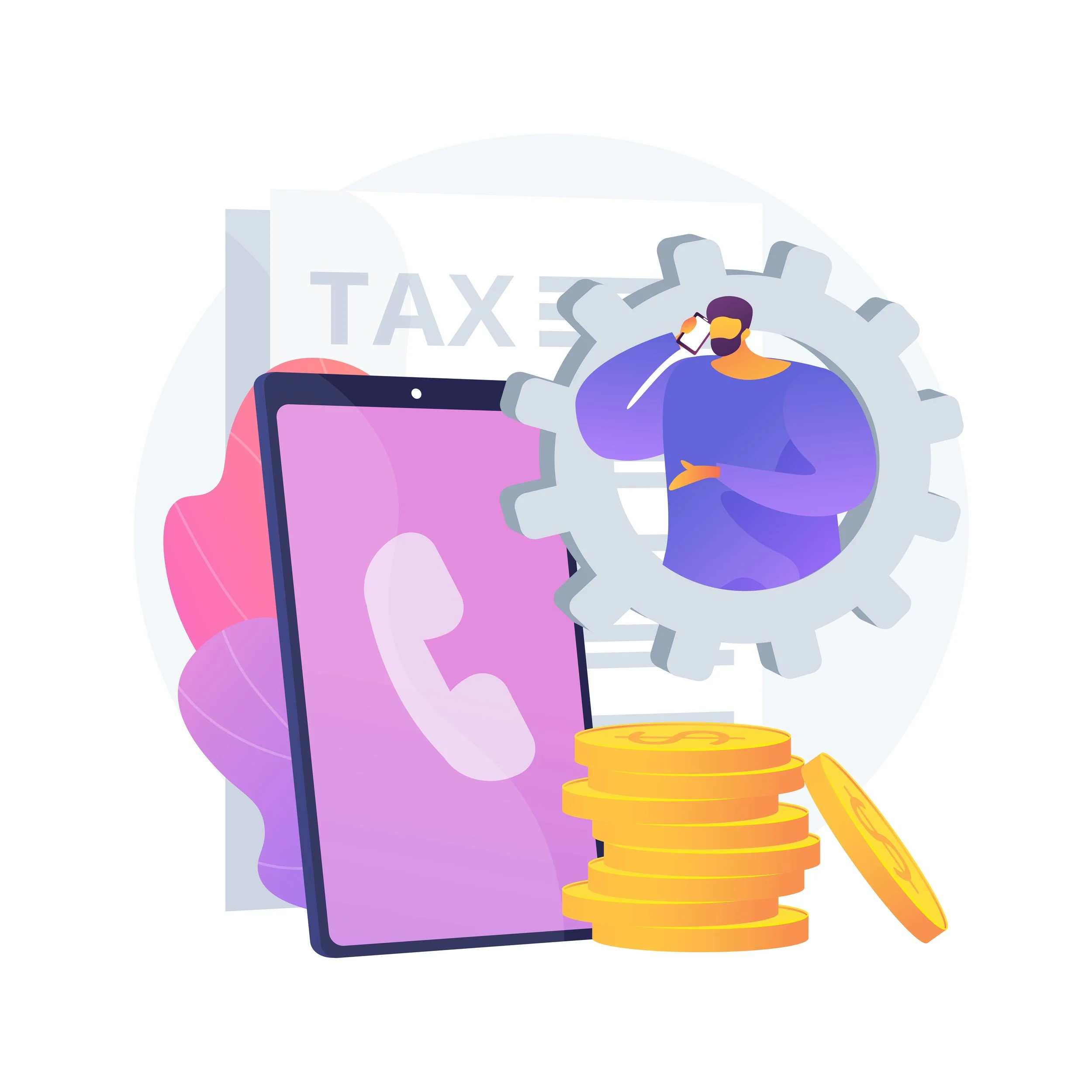 A smartphone with a pink receiver icon on the screen, a stack of gold coins, a tax document in the background, and a person in a gear, talking on the phone, representing financial or tax consultation and digital transactions.