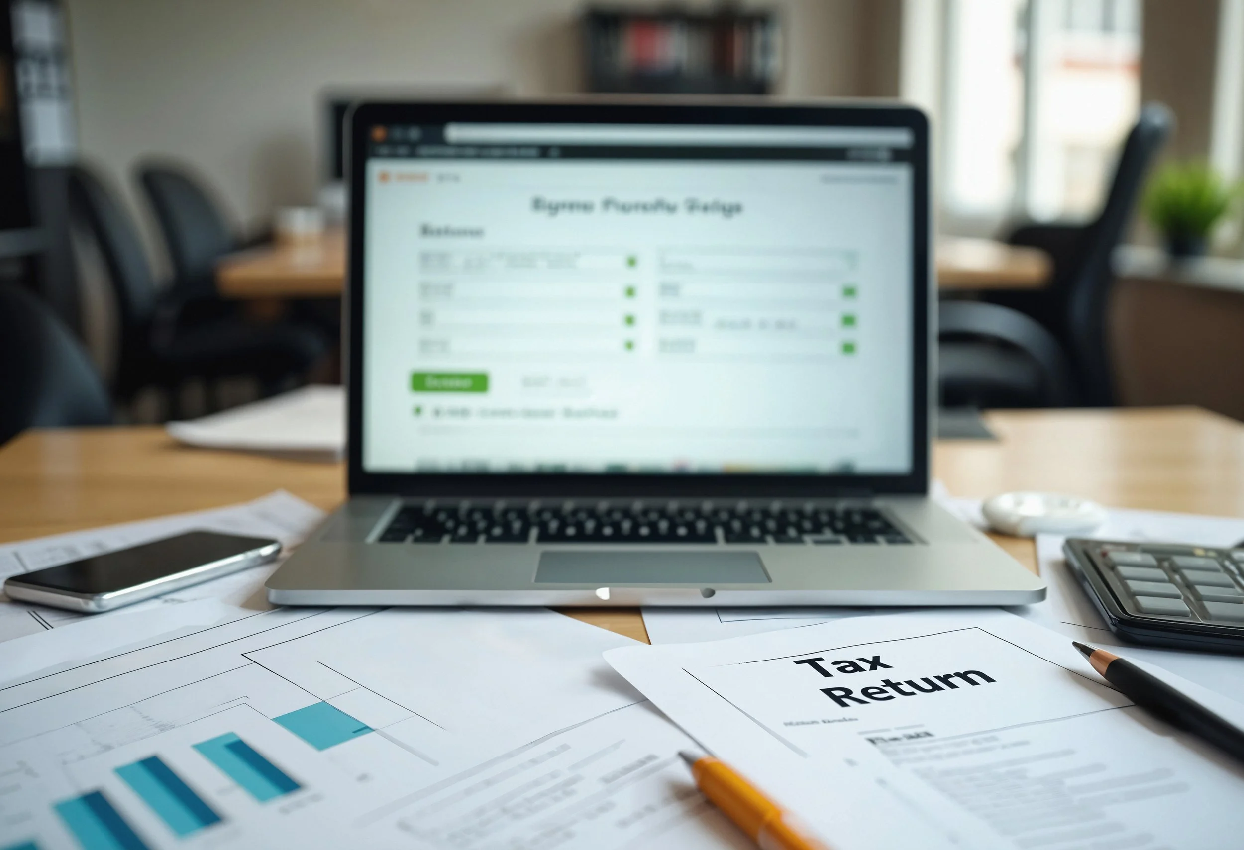 A workspace with a laptop, papers, a calculator, a pen, and a smartphone on a table, with a "Tax Return" document prominently visible. The laptop screen displays a blurred online form. The background shows an office with chairs and windows.