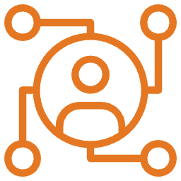 A digital icon of a person's head and shoulders connected by lines to circles representing network or communication links.