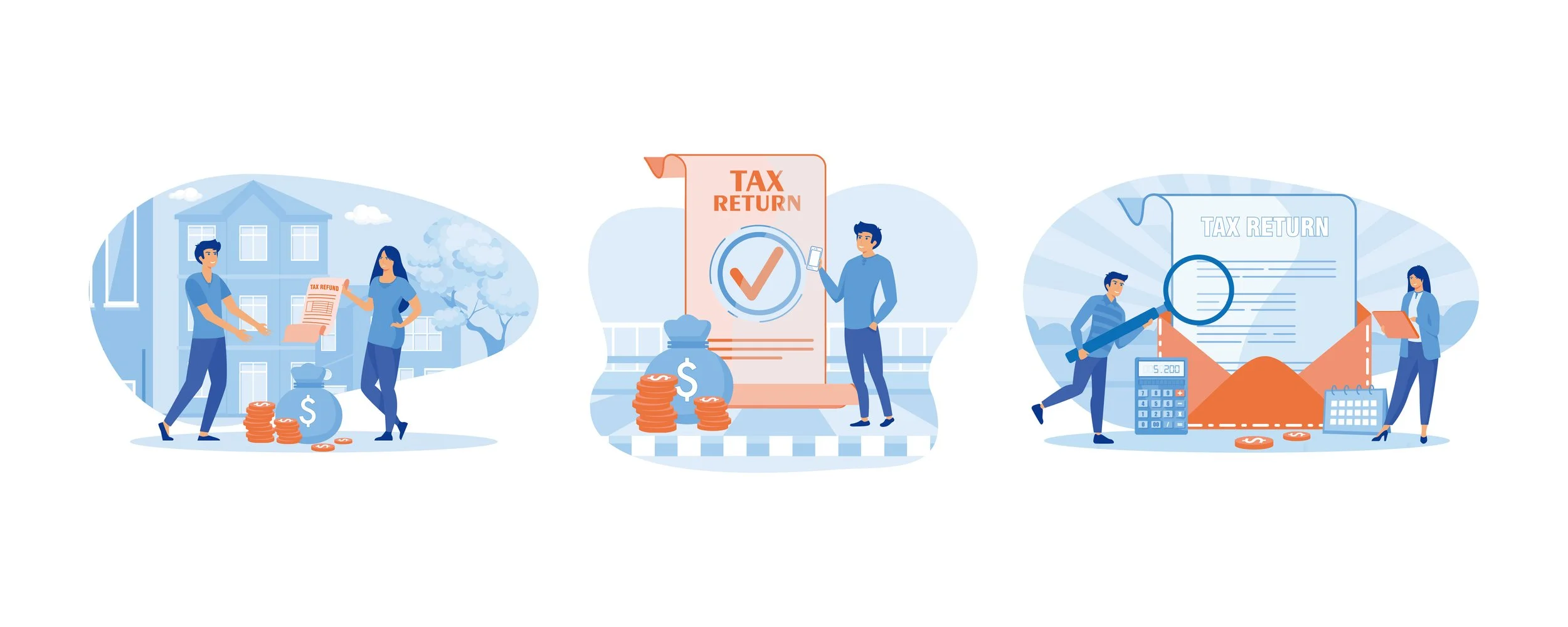 Illustration showing the process of filing taxes: first, a man and woman exchange a document labeled 'Tax Refund' outside a house with money bags and coins; second, a man reviews a large 'Tax Return' form with stacks of coins and a money bag; third, a man examines a 'Tax Return' document with a magnifying glass, calculator, and calendar, along with coins and a chart.