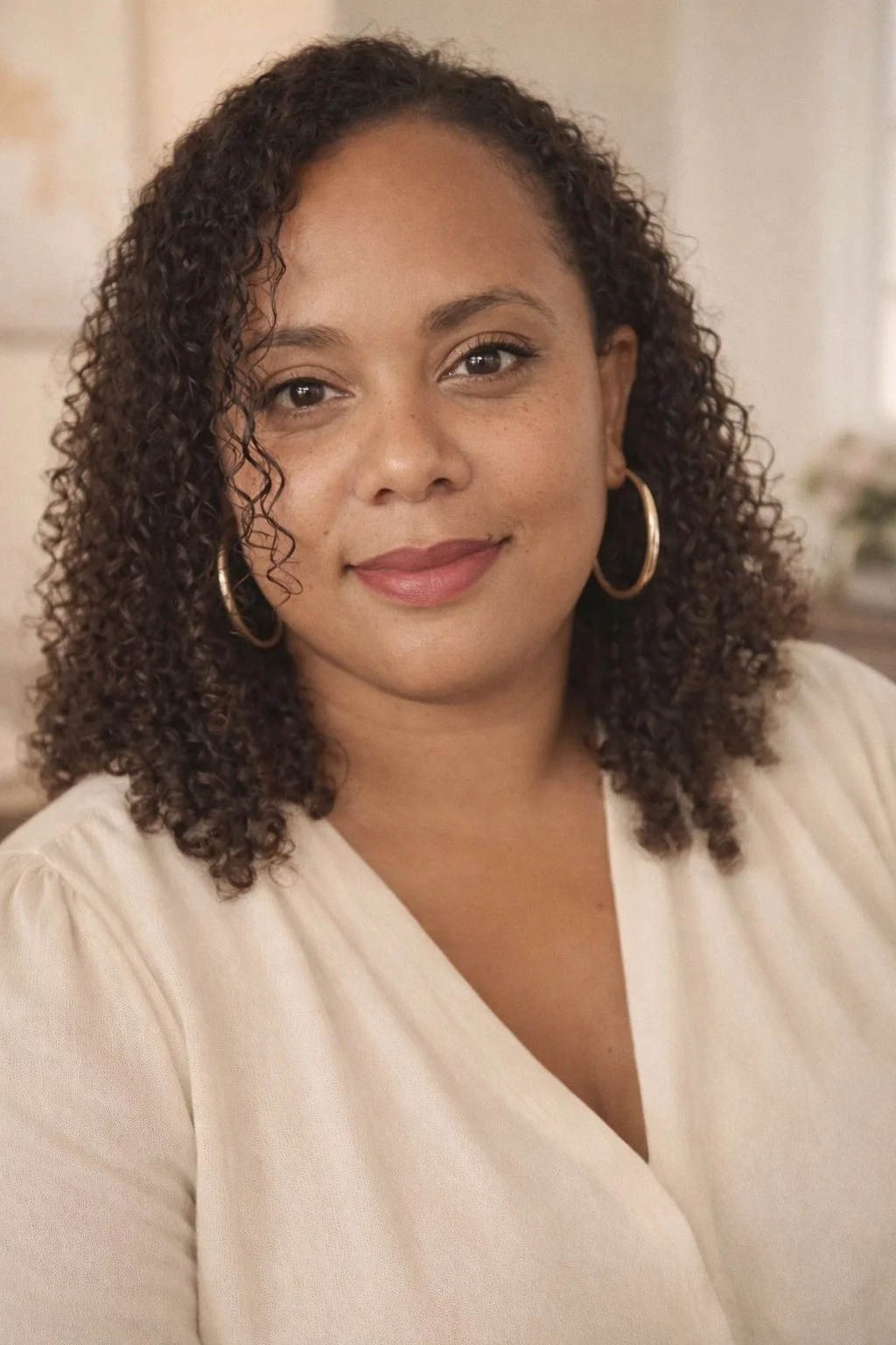 Close-up portrait of a woman with curly dark hair, wearing hoop earrings and a light-colored top, smiling softly indoors.