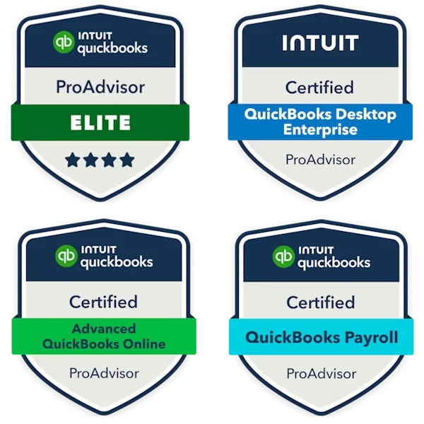 Four badges or shields for QuickBooks certifications, each with the QuickBooks logo and different certification titles: top left ELITE, top right QuickBooks Desktop Enterprise, bottom left Advanced QuickBooks Online, bottom right QuickBooks Payroll.