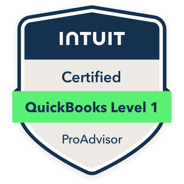 Badge with the words "INTUIT Certified ProAdvisor" and a green banner across it that says "QuickBooks Level 1."