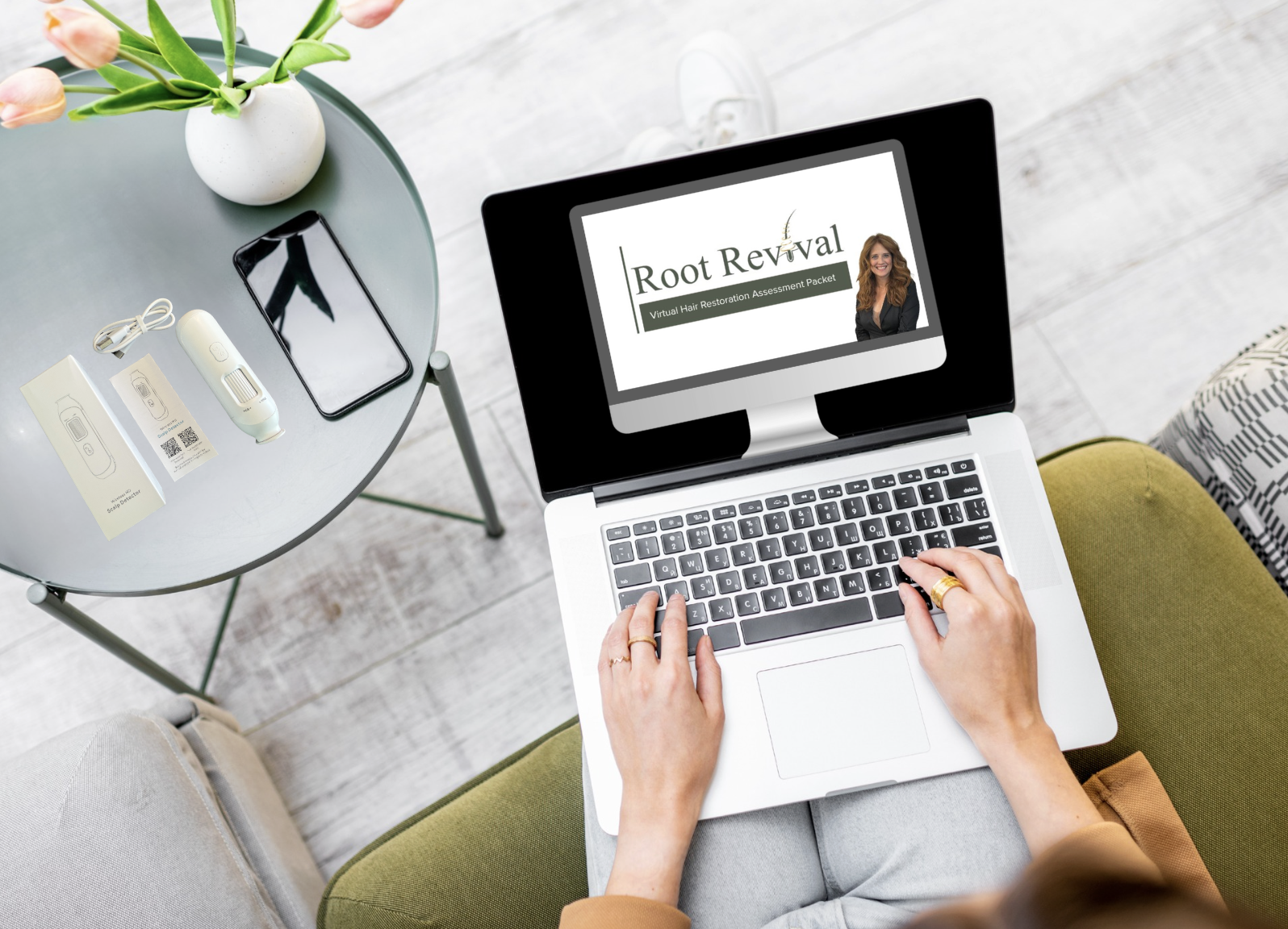 "Root Revival Virtual Hair & Scalp Assessment kit with scalp scope, assessment packet, and online consultation setup."