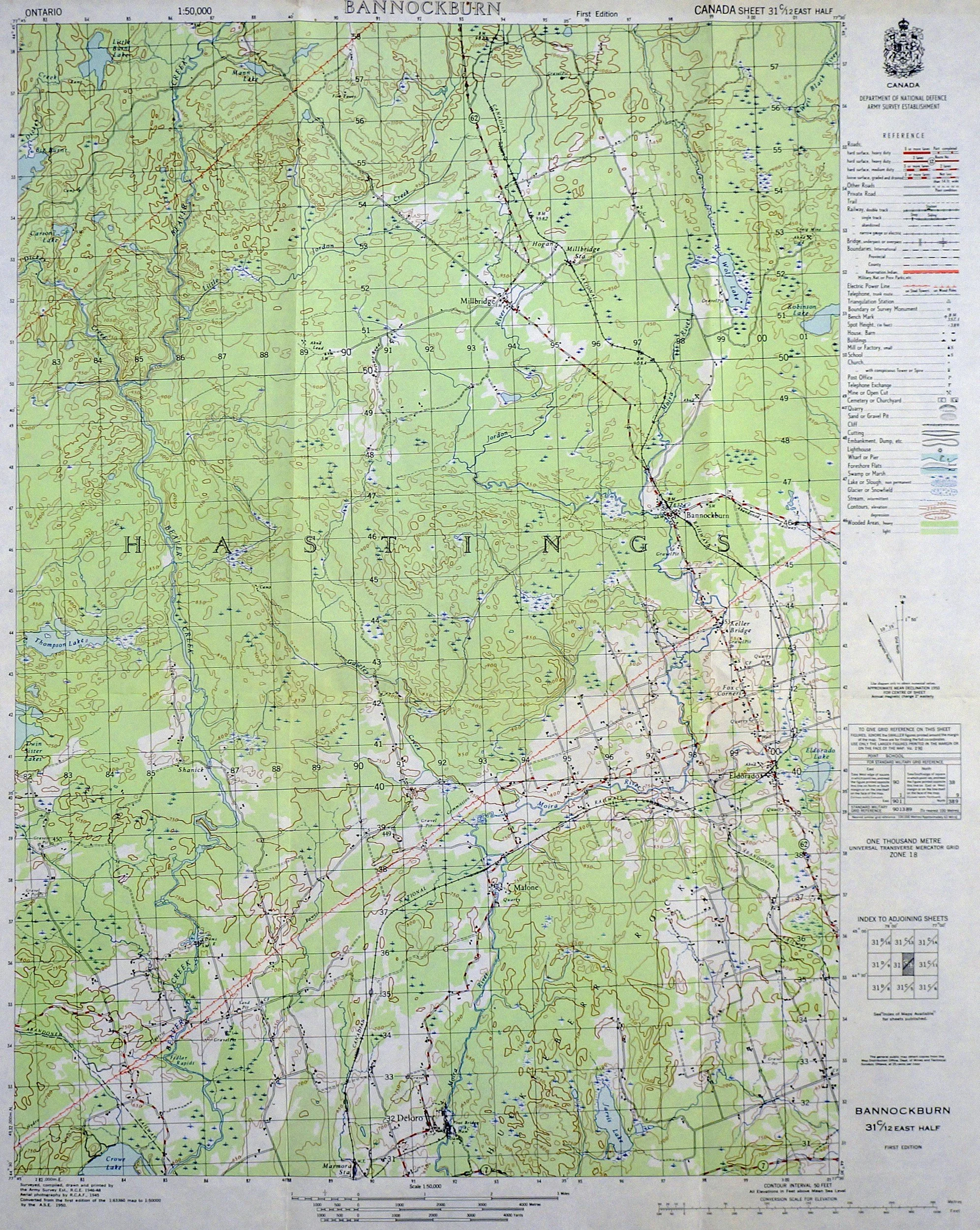 A topographic map of the Bannockburn area in Ontario, Canada, showing roads, rivers, lakes, elevation contours, and geographic features with various symbols and labels.