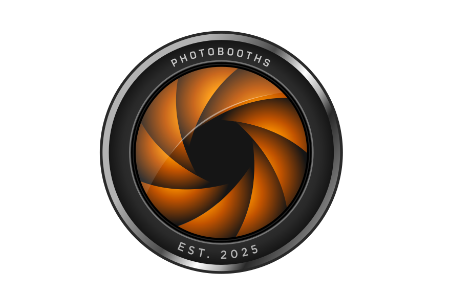 A circular logo with the words 'Photobooths' at the top and 'Est. 2025' at the bottom. The inner part of the logo resembles a camera aperture with orange and black segments.