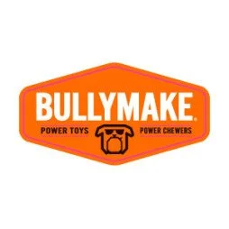 Bullymake logo with orange background, white text, and black dog illustration, promoting power toys and chewers.