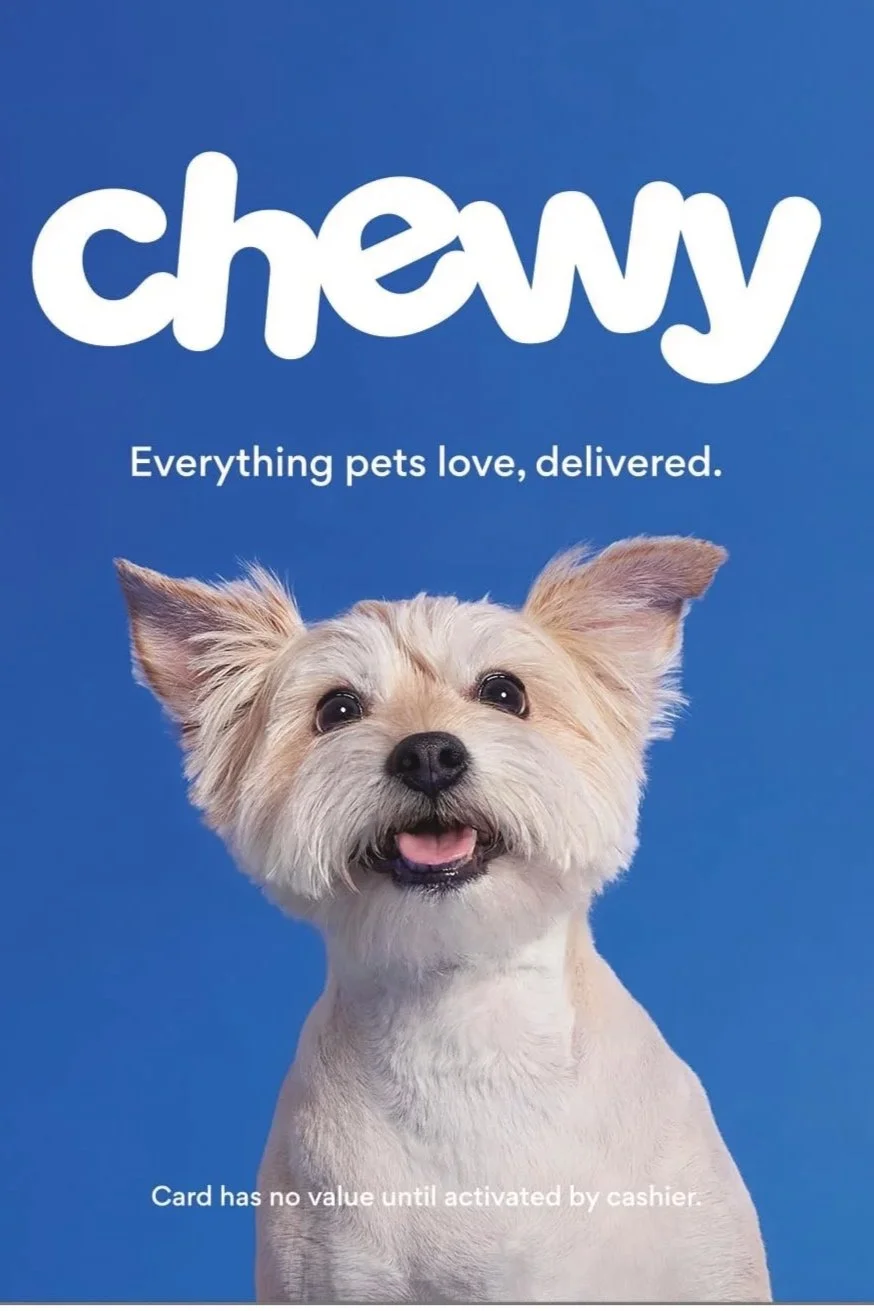 Chewy logo with a smiling small dog face below it and the text "Everything pets love, delivered." The background is blue.