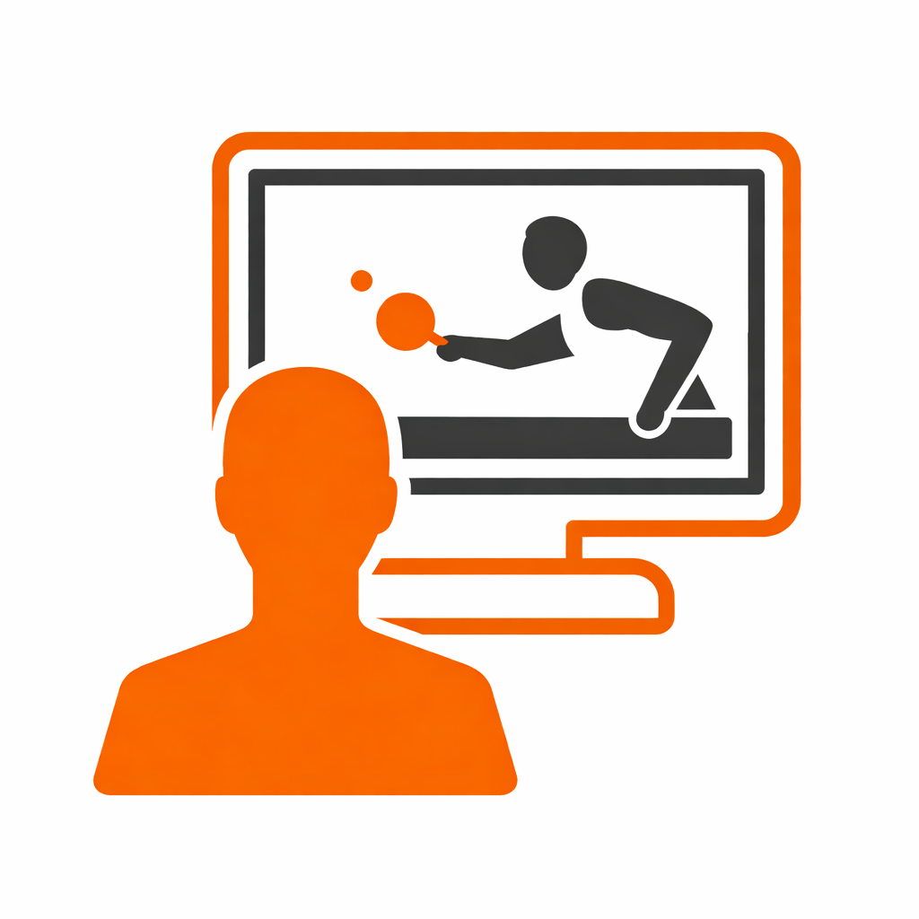 A person watching a digital illustration of a table tennis game on a computer screen.
