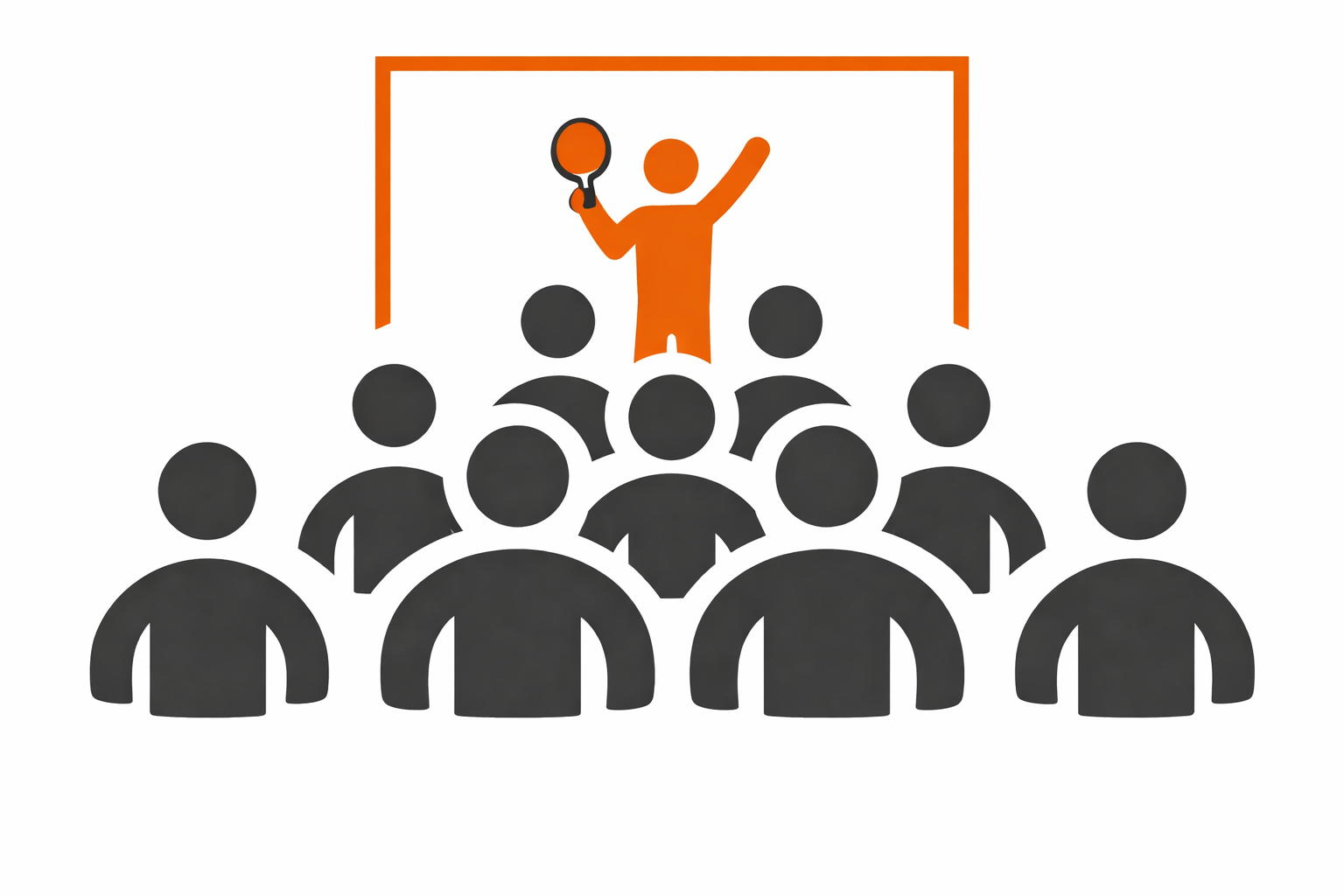 A stylized illustration of a person in orange standing on a stage with a table tennis bat, raising one arm, facing an audience of black silhouetted figures.