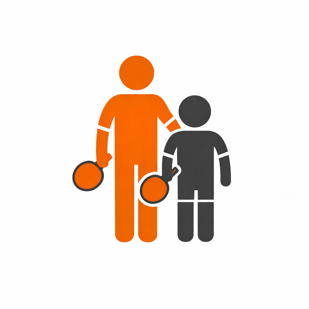 Icon of an adult and a child holding table tennis bats, with the adult in orange and the child in black.