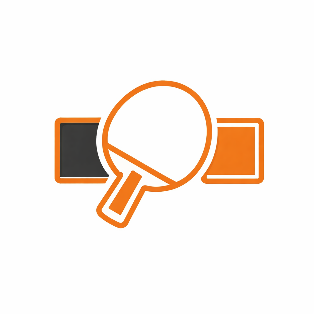 Icon of a table tennis blade over two table tennis rubbers, one dark and one light orange, with an orange outline.