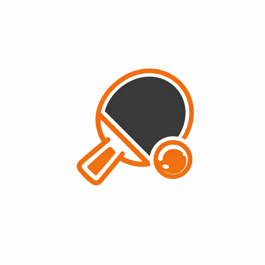 A table tennis paddle and ball with a black surface and orange handle, and an orange table tennis ball.