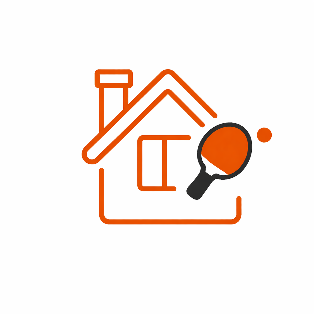 A stylized orange house icon with a black and orange table tennis bat overlay.