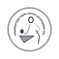 Logo of the Moreton Bay Table Tennis Association Inc, featuring a stylized figure playing table tennis with a paddle and ball, enclosed in a circle.