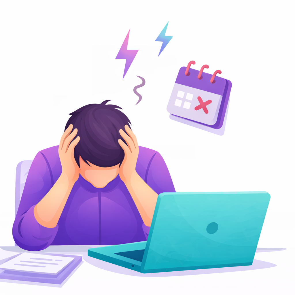 Gestresster Mensch mit Händen am Kopf vor einem Laptop, mit einem Terminkalender und Blitzsymbolen über dem Kopf.