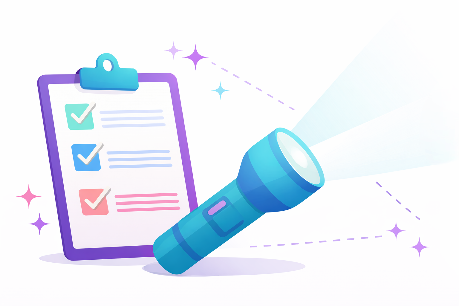 Ein Symbolbild mit einer Checkliste auf einem Klemmbrett und einer Taschenlampe, die Licht auf die Liste wirft, um wichtige Punkte hervorzuheben.