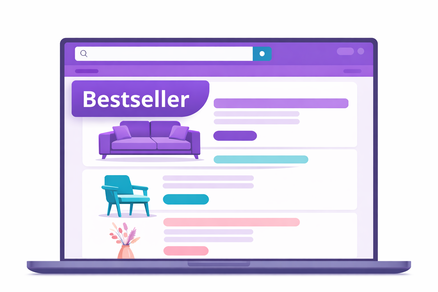 Illustration eines Laptopbildschirms, der eine Online-Verkaufsseite für Möbel zeigt, mit einem "Bestseller"-Banner und visuellen Darstellungen eines Sofas, eines Stuhls und einer Vase mit Blumen.