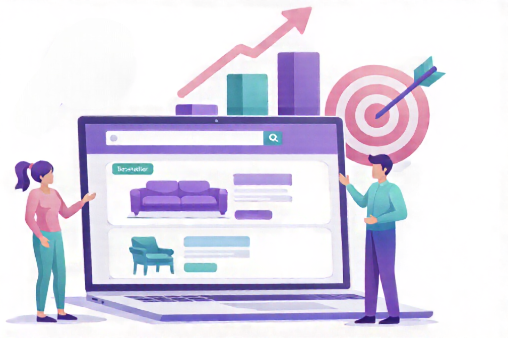 Illustration eines Online-Shops auf einem Laptop mit zwei Menschen, die darauf zeigen, und grafische Elemente wie aufsteigende Balken, eine Zielscheibe mit Pfeil und einen Pfeil, die auf Erfolg und Zielerreichung hinweisen.
