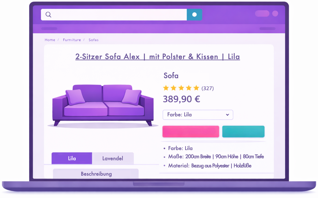 Laptop-Bildschirm zeigt eine Webseite mit einem lila Sofa, Produktinfos, Preis und Bewertung.