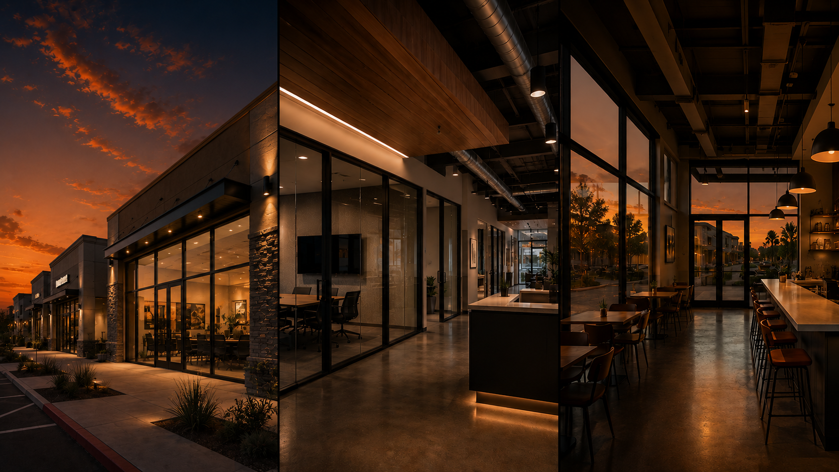 Modern commercial building with large glass windows reflecting a sunset, featuring a cozy interior with tables, chairs, pendant lights, and a bar area.