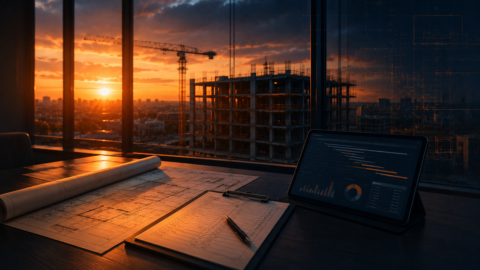 An office desk with construction blueprints, a pen, a clipboard, and a tablet displaying data charts. Outside the window, a cityscape with a construction site and a sunset sky.