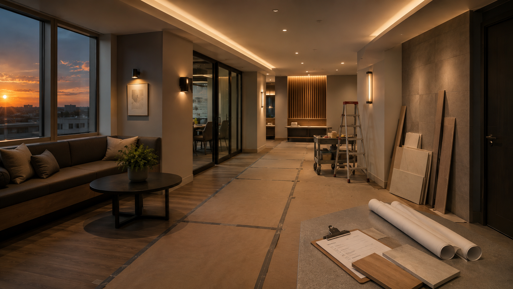 Interior of a modern apartment or hotel with a view of a sunset through large windows, featuring a sofa with cushions, a small round table with a plant, and a construction area with tiles, a ladder, and building materials.