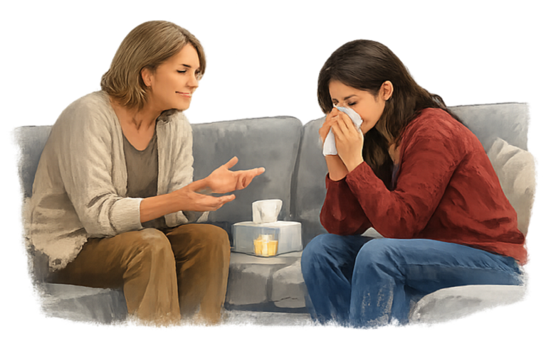 Two women sitting on a couch, one appears ill with a tissue, and the other is comforting her.