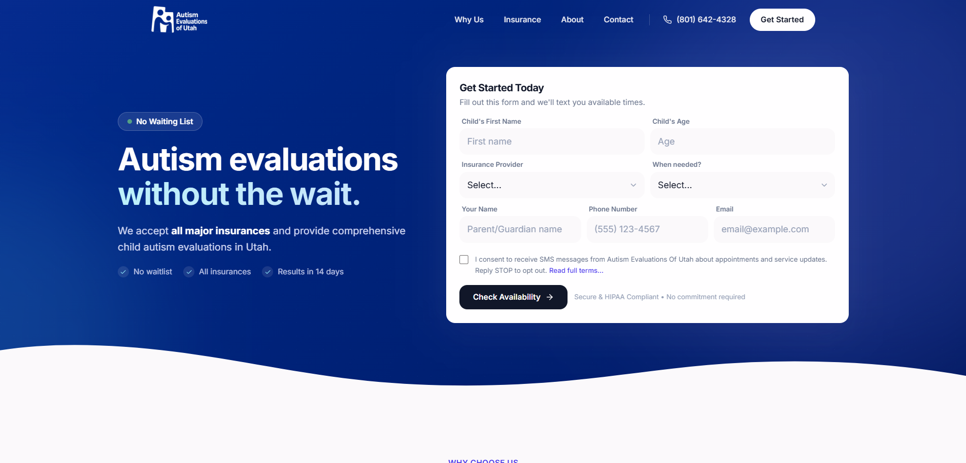 Homepage of Autism Evaluations of Utah website with a form for scheduling child autism assessments, blue background, white and black text.