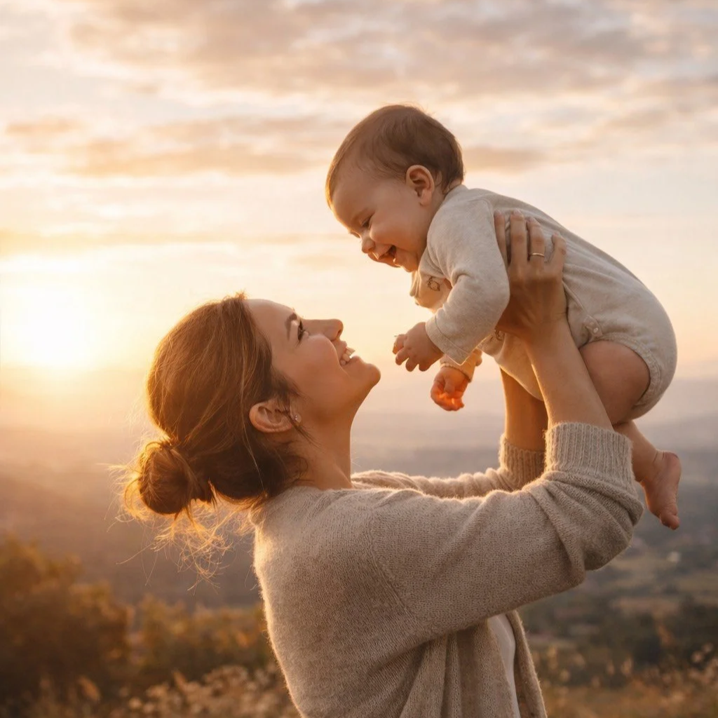 A woman lifting a smiling baby in the air during sunset outdoors.