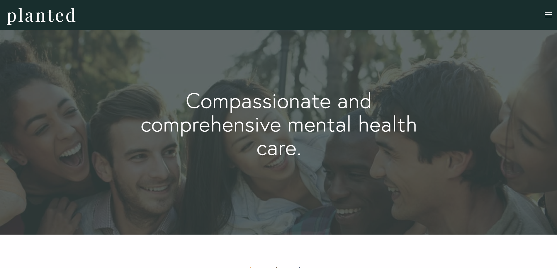 A group of diverse smiling people outdoors, close together, with trees in the background, captioned 'Compassionate and comprehensive mental health care.'