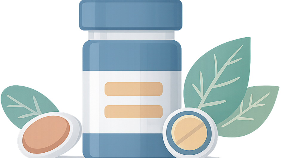 A digital illustration of a supplement bottle with leaves and pills around it.