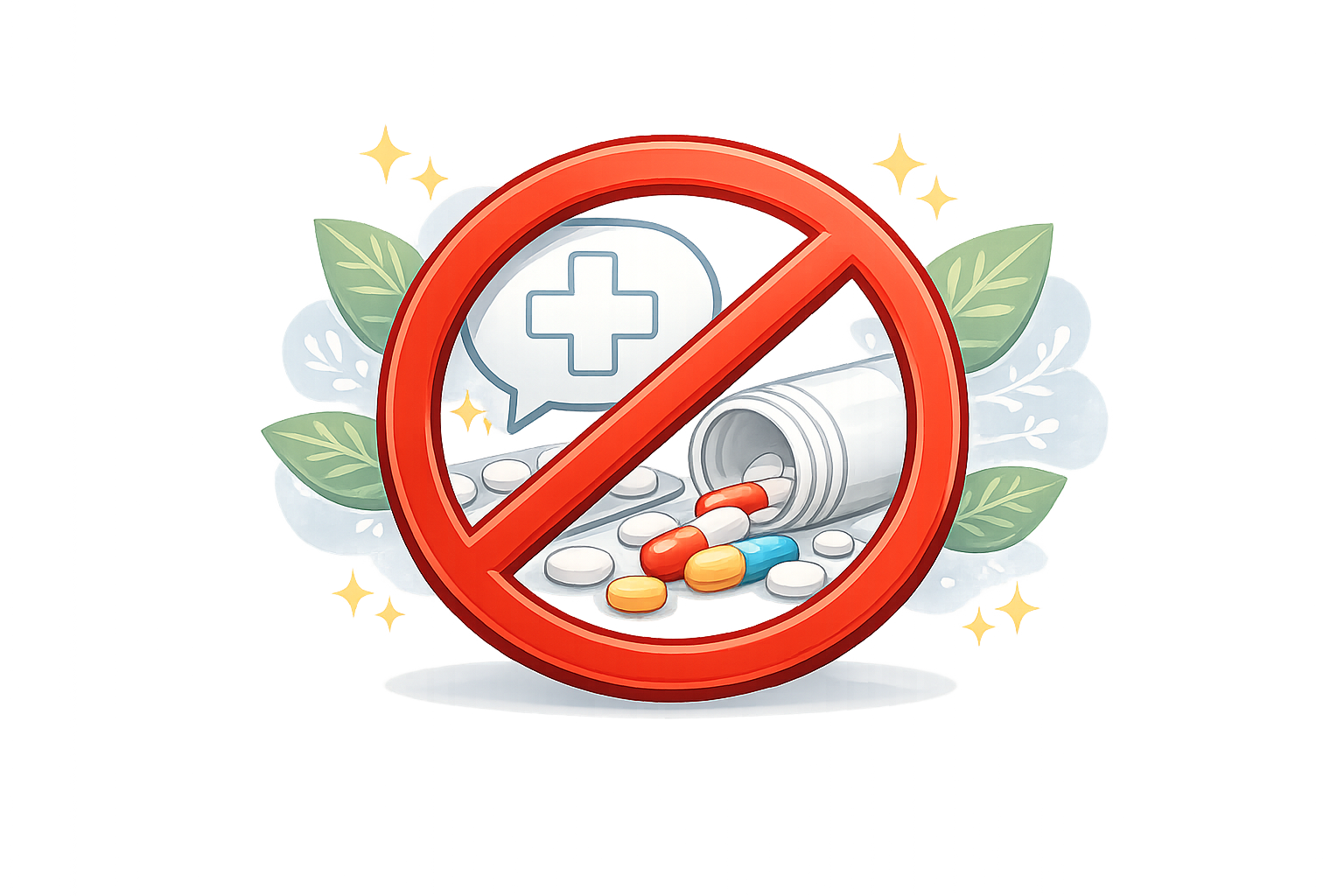 Illustration of a prescription pill bottle spilling pills with a red prohibition symbol, a speech bubble with a medical cross, and green leaves in the background, indicating avoiding or not using medication.