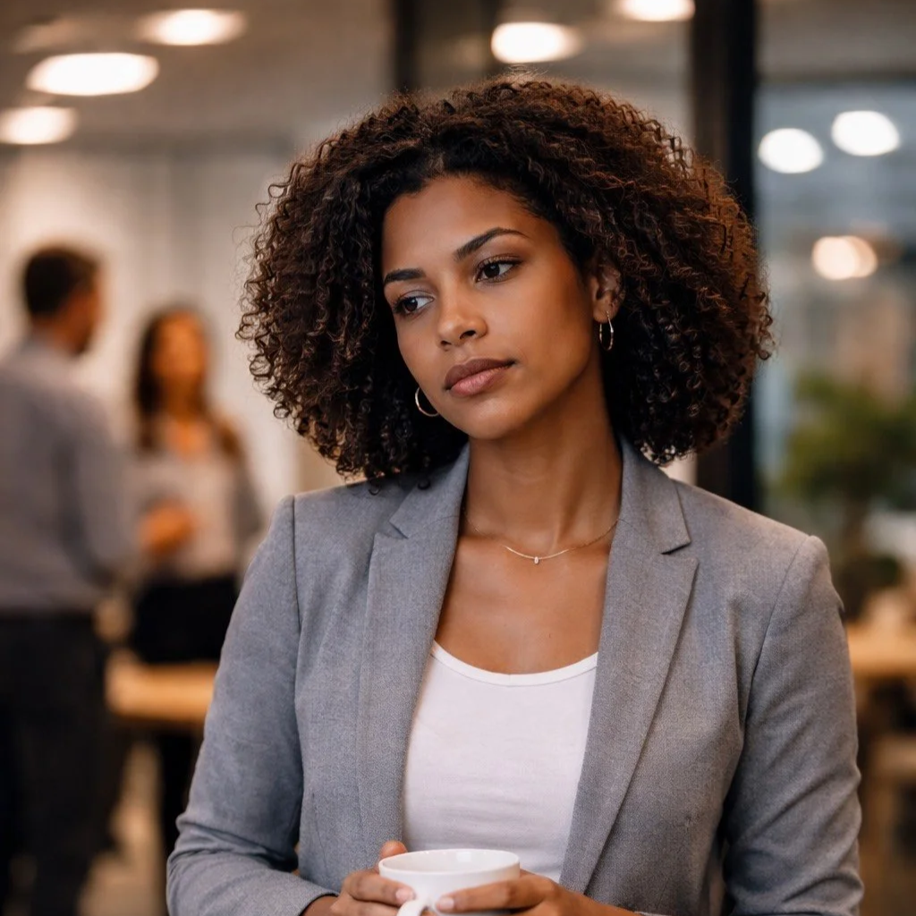A woman with curly hair in business attire holding a cup, looking thoughtful in an office setting.