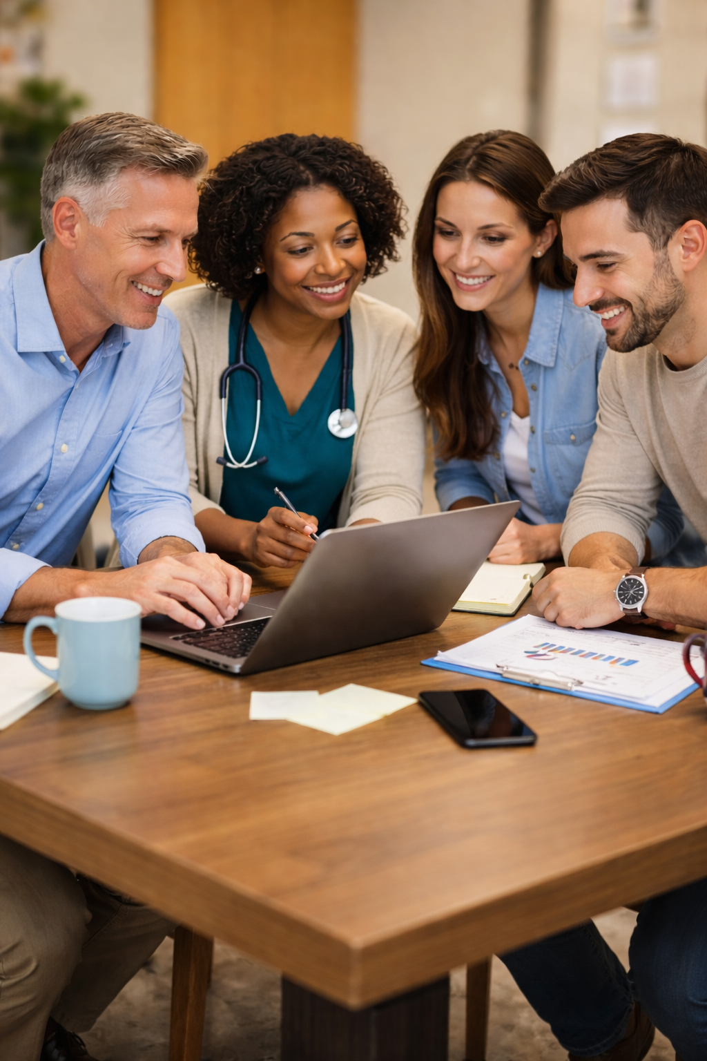Group of four diverse people gathered around a laptop, smiling and collaborating in a meeting room.