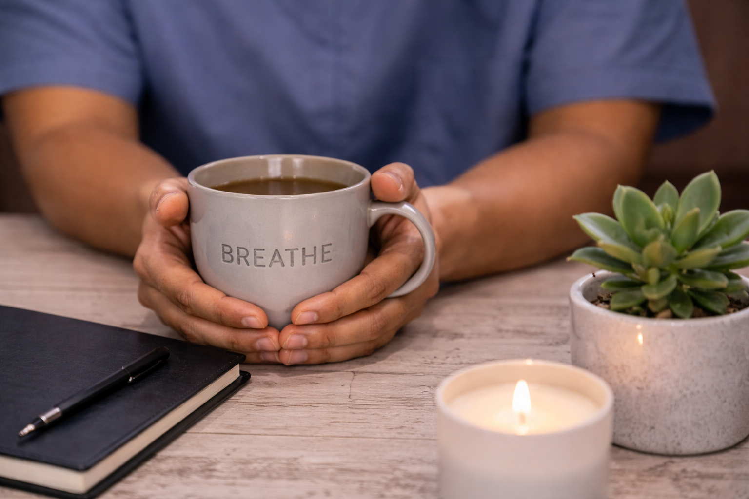 Person holding a mug with the word 'BREATHE' on it, a small lit candle, a notebook with a pen, and a potted succulent on a wooden table.