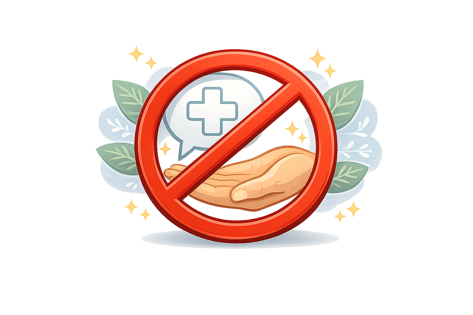 Illustration of a hand with a red prohibition sign over it, a speech bubble with a medical cross, and green leaves in the background, symbolizing no medical or healthcare assistance.