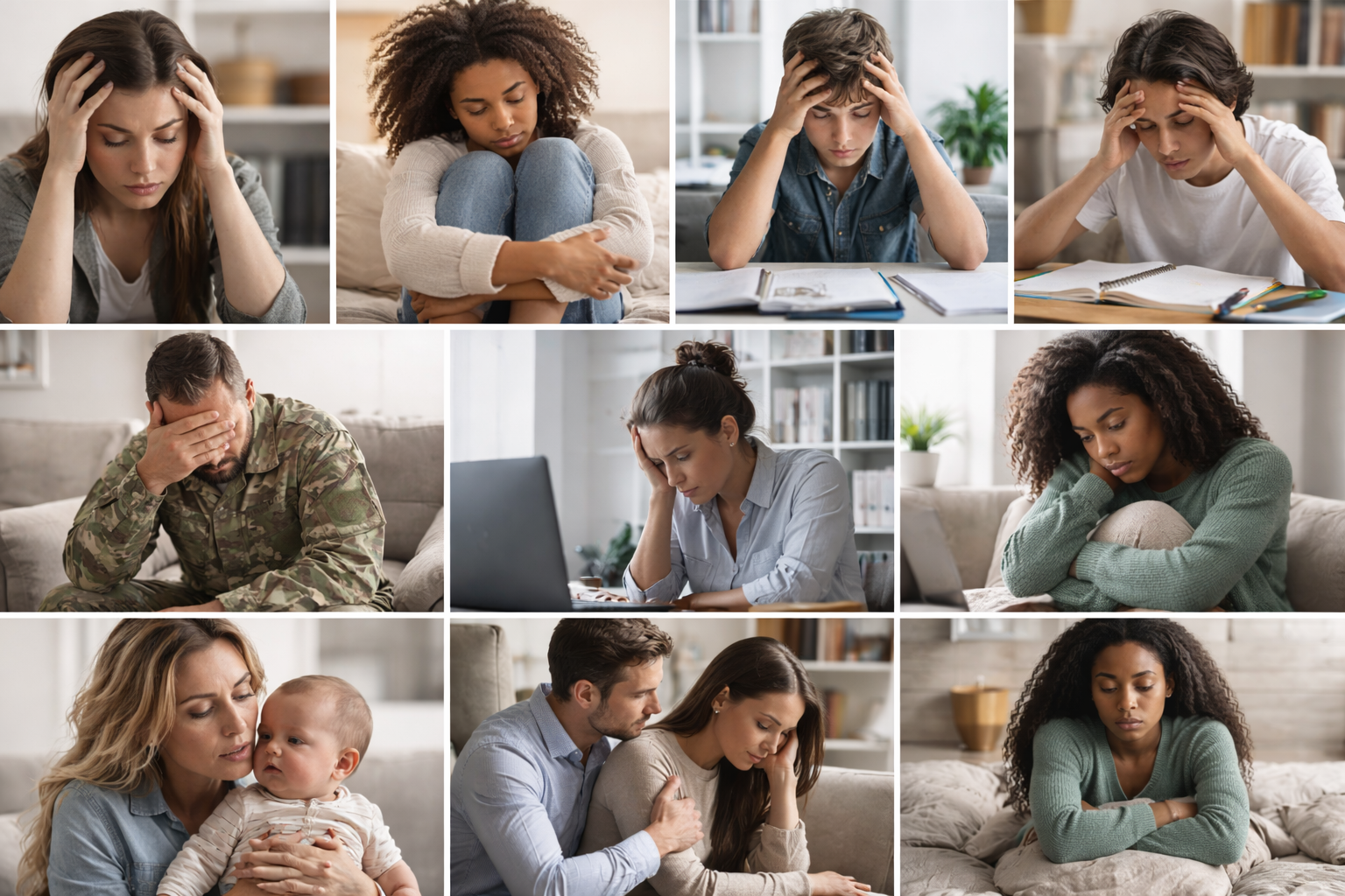 Collage of people experiencing stress or worry, including young women and men, a military man, and a woman with a baby, all indoors with various backgrounds.