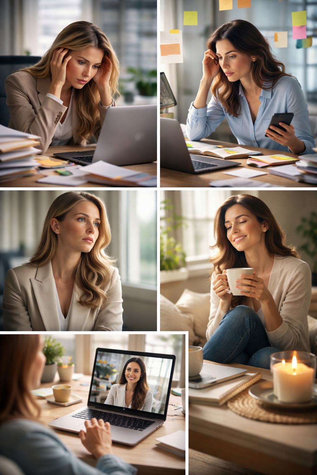Collage of women working and relaxing from home: two women working at desks with laptops and papers, one woman pondering by a window, and another woman smiling during a video call, with cozy home settings and a lit candle.