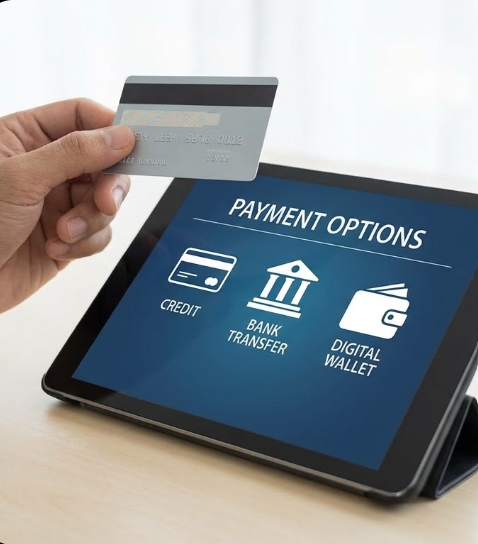 A hand holding a credit card next to a tablet displaying payment options: credit card, bank transfer, digital wallet.