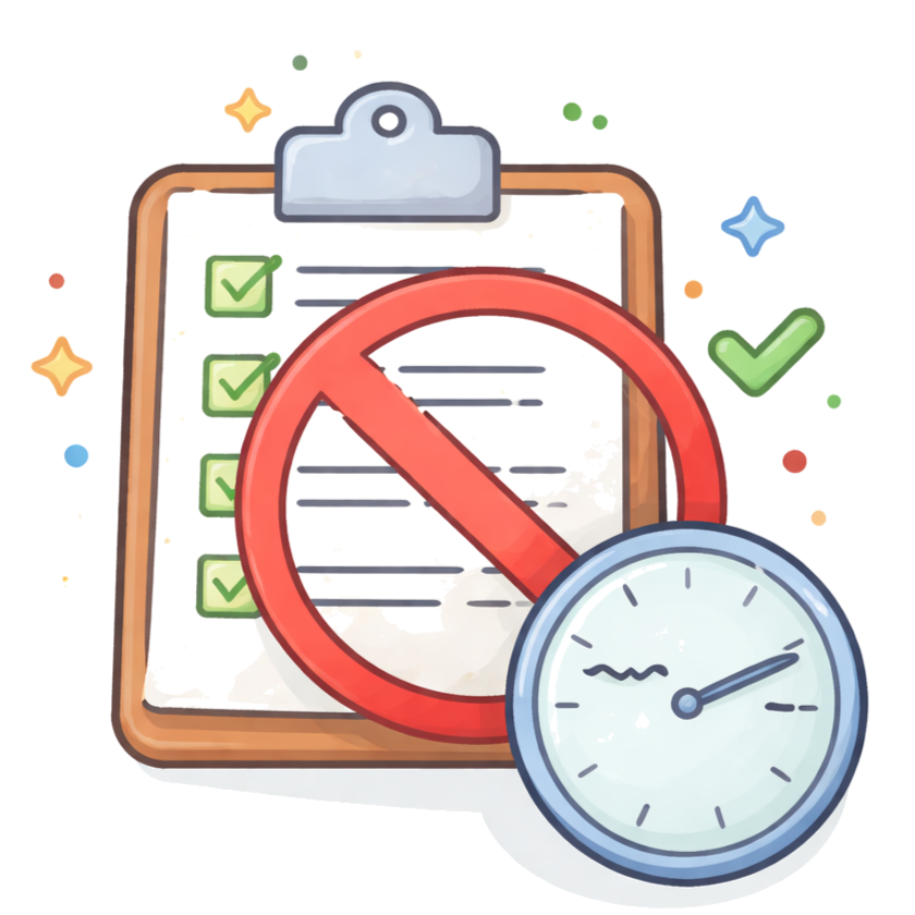 A clipboard with checklist items, a red prohibition symbol over it, and a stopwatch indicating time management or restrictions.