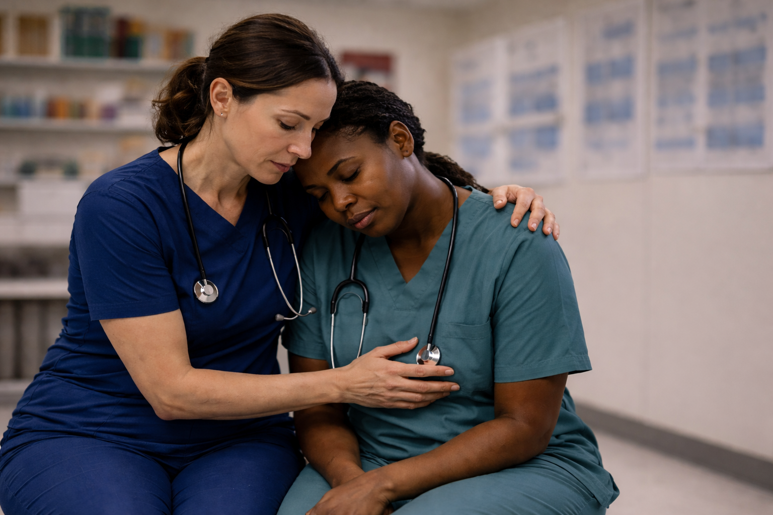Two female healthcare professionals, one with light skin and one with dark skin, share a comforting moment in a hospital setting, with both wearing scrubs and stethoscopes, as they sit close with heads bowed and eyes closed.